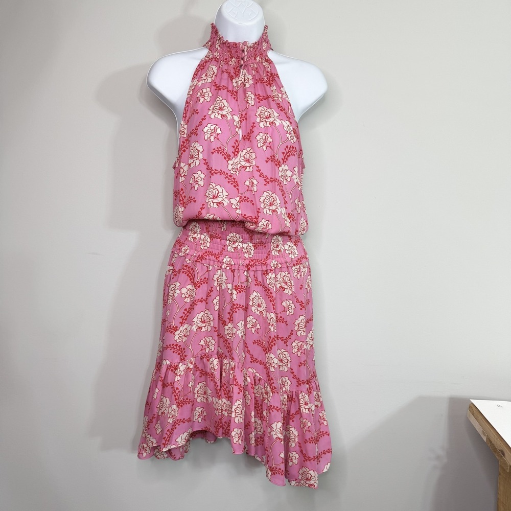 A.L.C. Dress Womens 6 Pink Floral Silk Halter Smocked Waist Ruffle Midi Summer